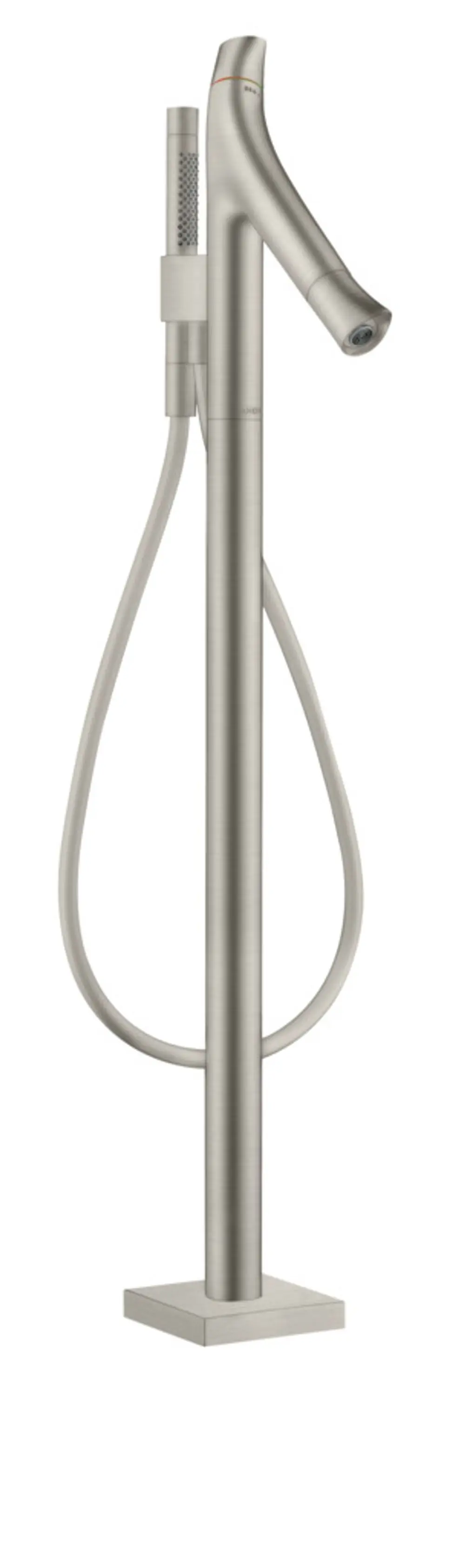 Bodenstehender Thermostat aus Edelstahl mit einem schlichten Design, hergestellt von AXOR. Der Auslauf verläuft in einer leicht geschwungenen Form nach oben.